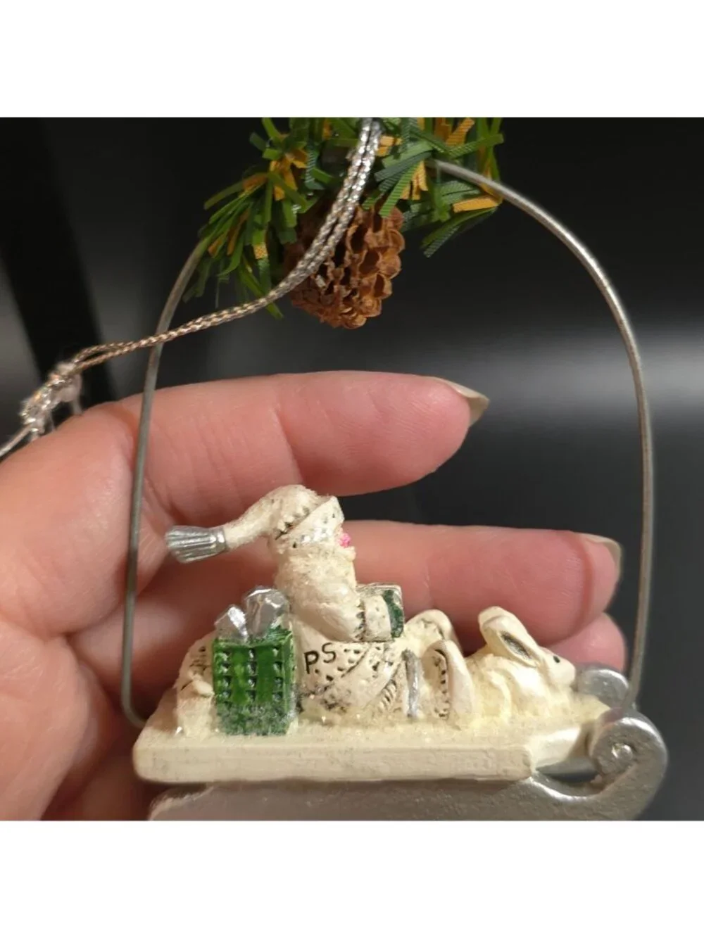 NWT Pam Schifferl Winter White Santa Pinecone Sled Rabbit Christmas Ornament